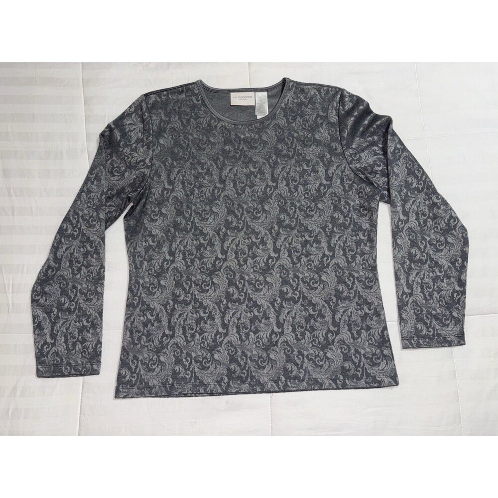 Liz Claiborne LizSport Jacquard Baroque Print Long Sleeve Top Gray Women’s M VTG